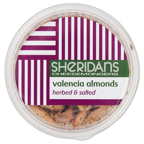 Container of Sheridans Valencia almonds with a striped lid on a white background