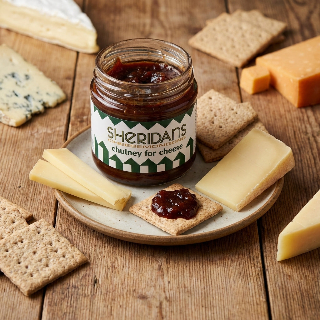 Jar of Sheridan's chutney for cheese on a plate with crackers and cheese on a wooden surface
