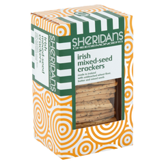 Box of Sheridan's Irish mixed-seed crackers with green and orange design.
