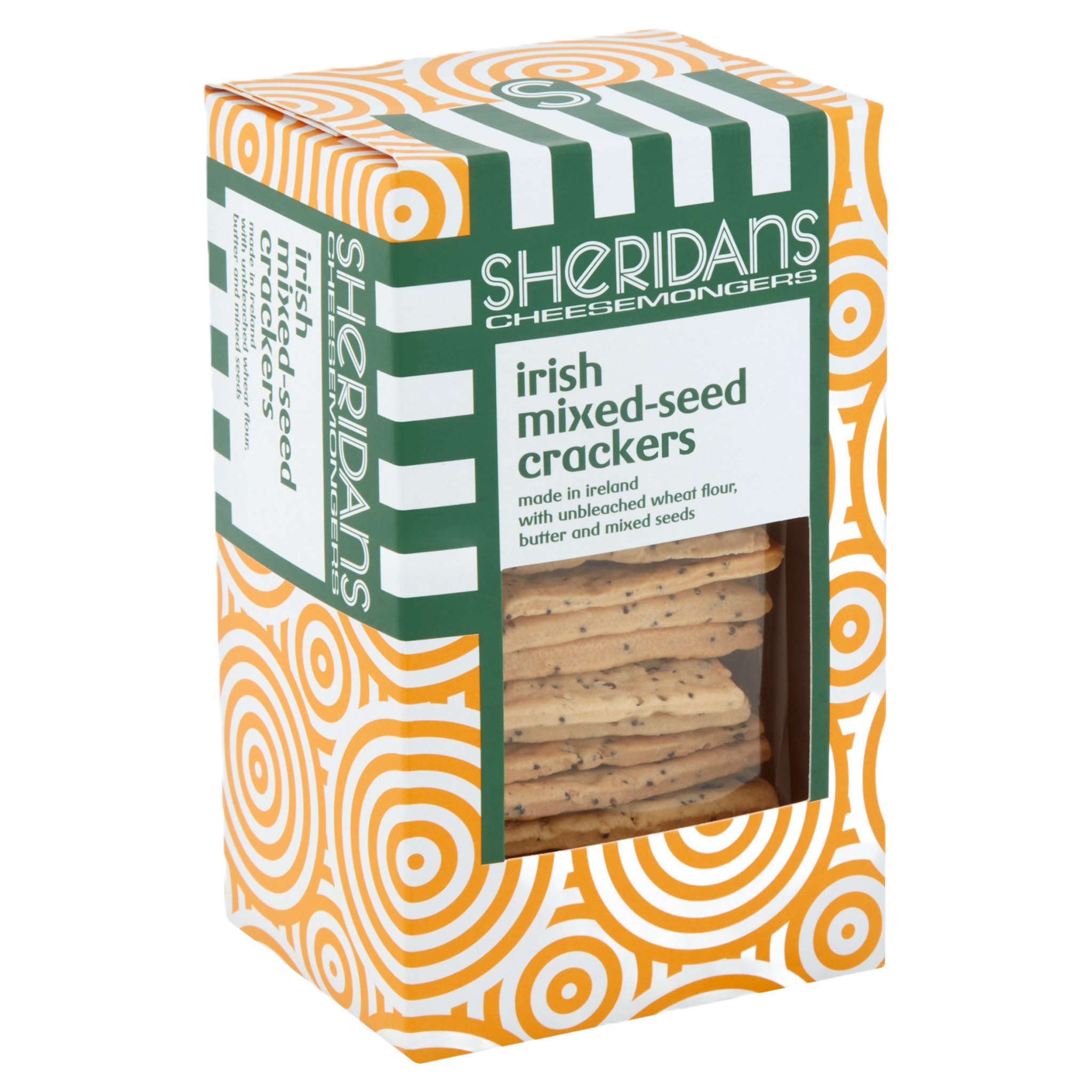 Box of Sheridan's Irish mixed-seed crackers with green and orange design.