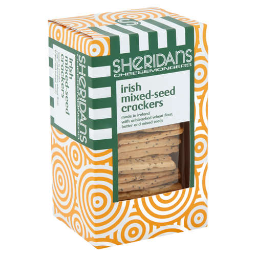 Box of Sheridan's Irish mixed-seed crackers with green and orange design.