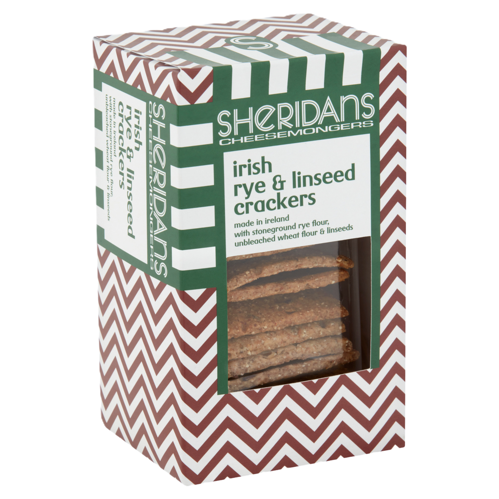 Box of Sheridan's Irish rye & linseed crackers with a chevron pattern.