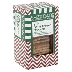 Box of Sheridan's Irish rye & linseed crackers with a chevron pattern.