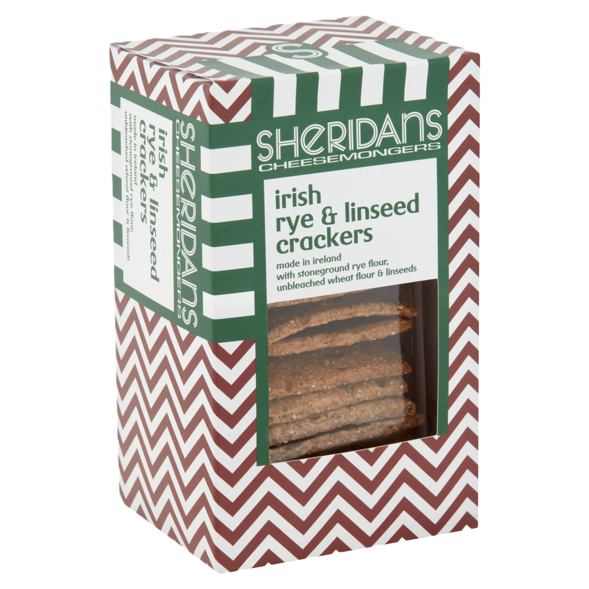 Box of Sheridan's Irish rye & linseed crackers with a chevron pattern.