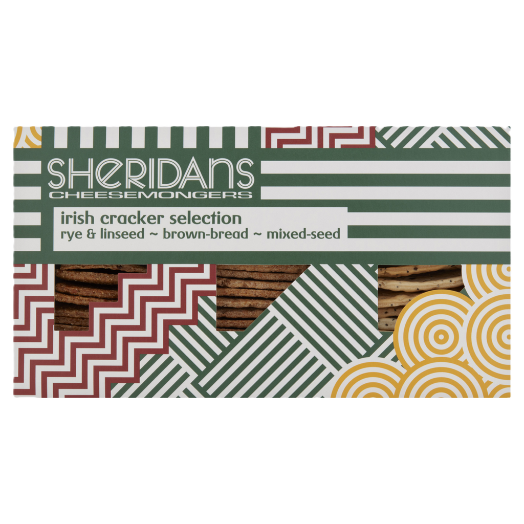 Packaging of Sheridans Cheesemongers Irish cracker selection with geometric patterns.