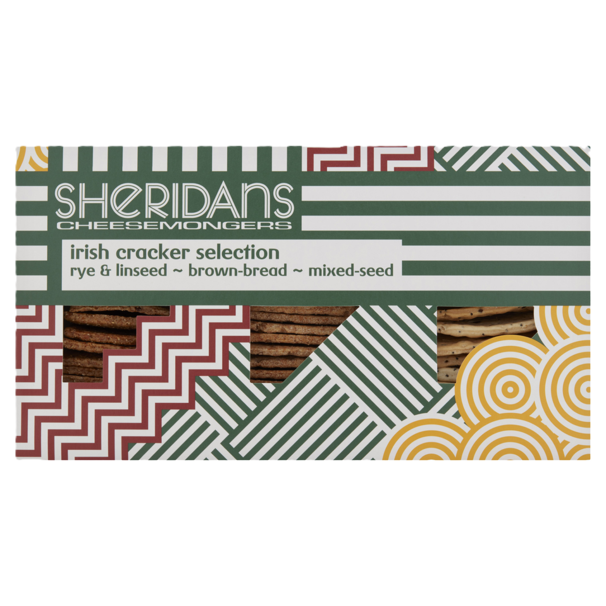 Packaging of Sheridans Cheesemongers Irish cracker selection with geometric patterns.