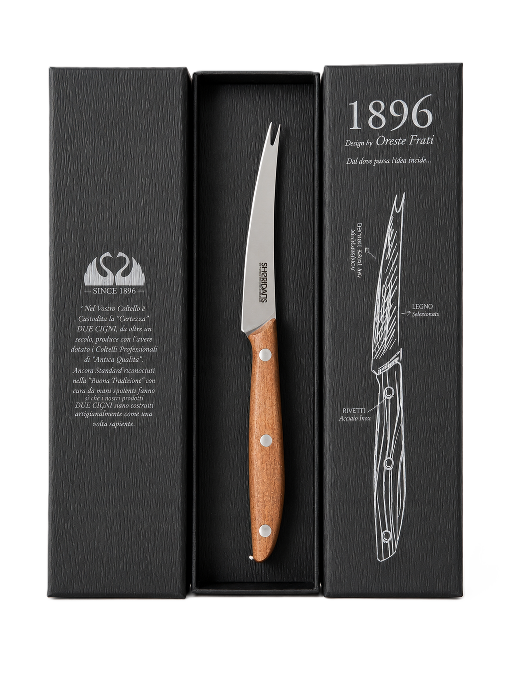 Knife with wooden handle in a black box, featuring the brand '1896'.