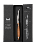 Knife with wooden handle in a black box, featuring the brand '1896'.