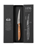 Knife with wooden handle in a black box, featuring the brand '1896'.