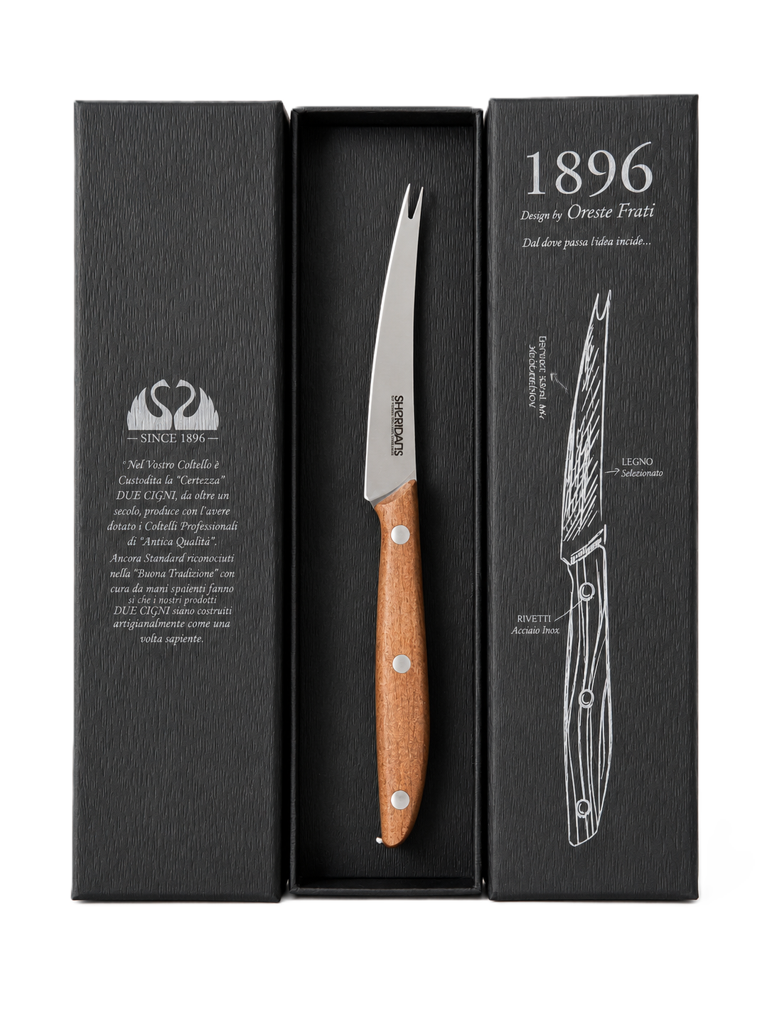 Knife with wooden handle in a black box, featuring the brand '1896'.