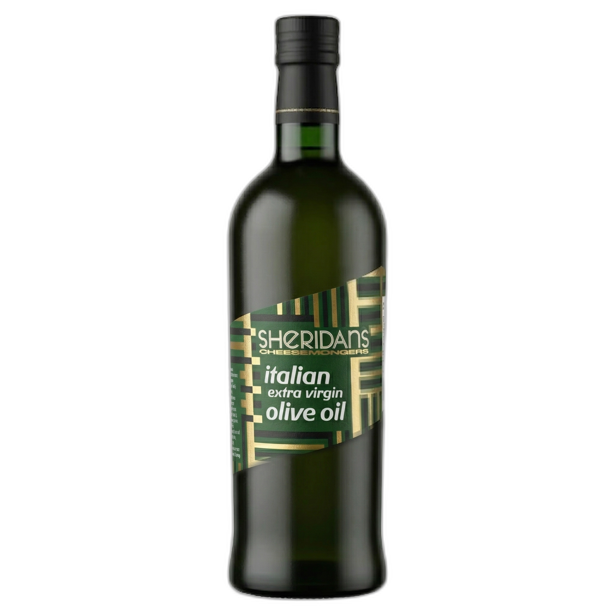 Bottle of Sheridans Italian extra virgin olive oil on a white background