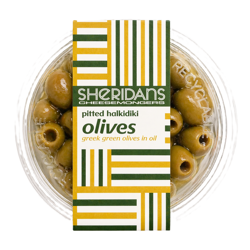 Container of pitted Halkidiki olives with Sheridan's Cheesemongers label on a white background
