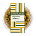 Container of pitted Halkidiki olives with Sheridan's Cheesemongers label on a white background