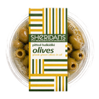 Container of pitted Halkidiki olives with Sheridan's Cheesemongers label on a white background
