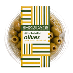 Container of pitted Halkidiki olives with Sheridan's Cheesemongers label on a white background