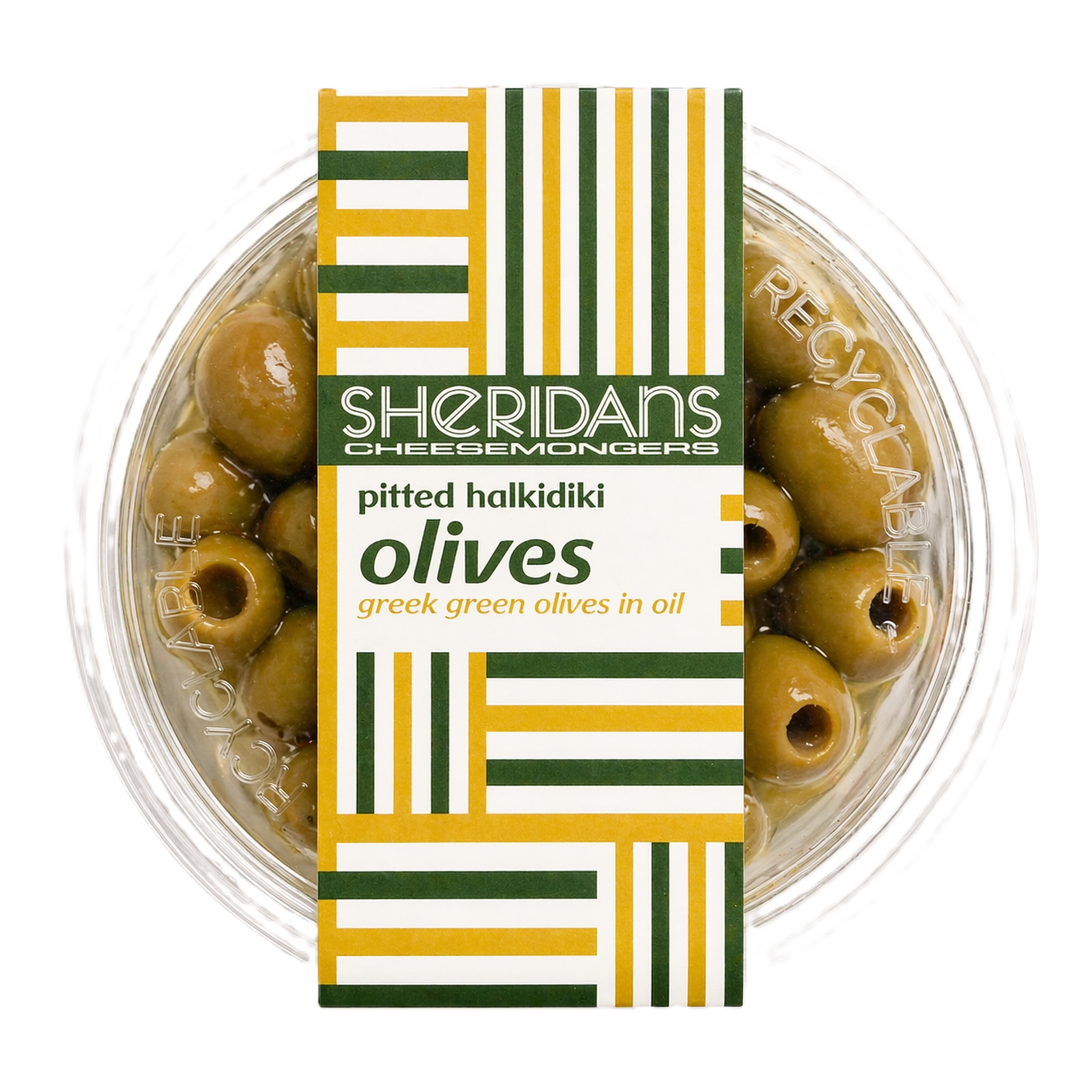 Container of pitted Halkidiki olives with Sheridan's Cheesemongers label on a white background