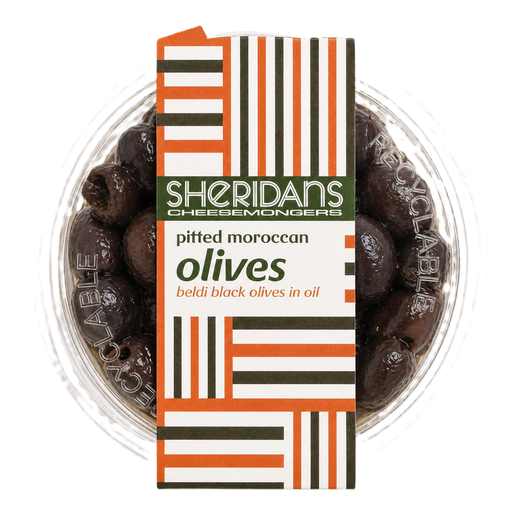 Container of pitted Moroccan olives with a Sheridan's label on a white background