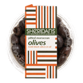 Container of pitted Moroccan olives with a Sheridan's label on a white background