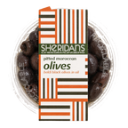 Container of pitted Moroccan olives with a Sheridan's label on a white background