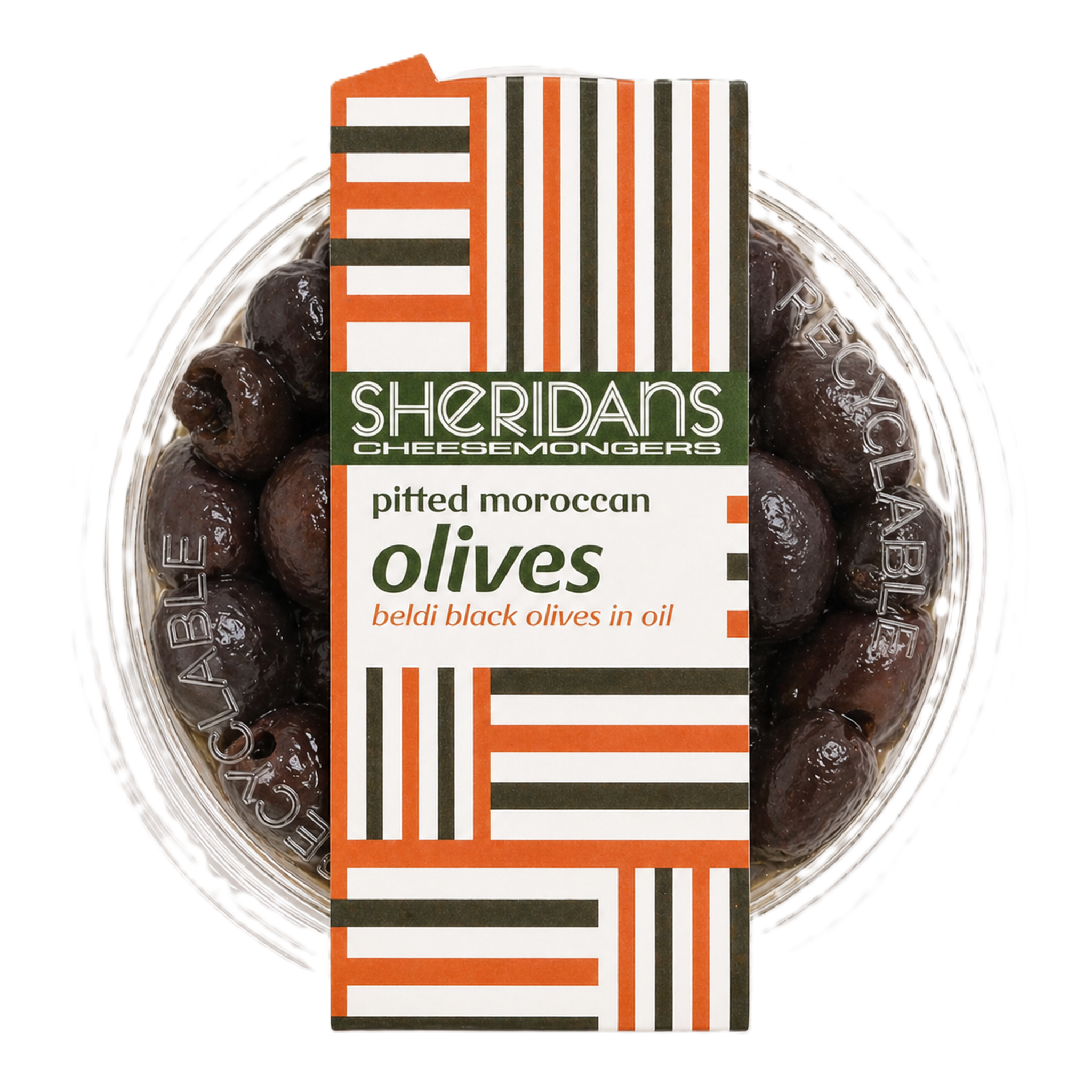 Container of pitted Moroccan olives with a Sheridan's label on a white background