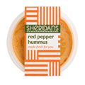 Container of red pepper hummus with Sheridan's Cheesemongers label on a white background