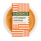 Container of red pepper hummus with Sheridan's Cheesemongers label on a white background