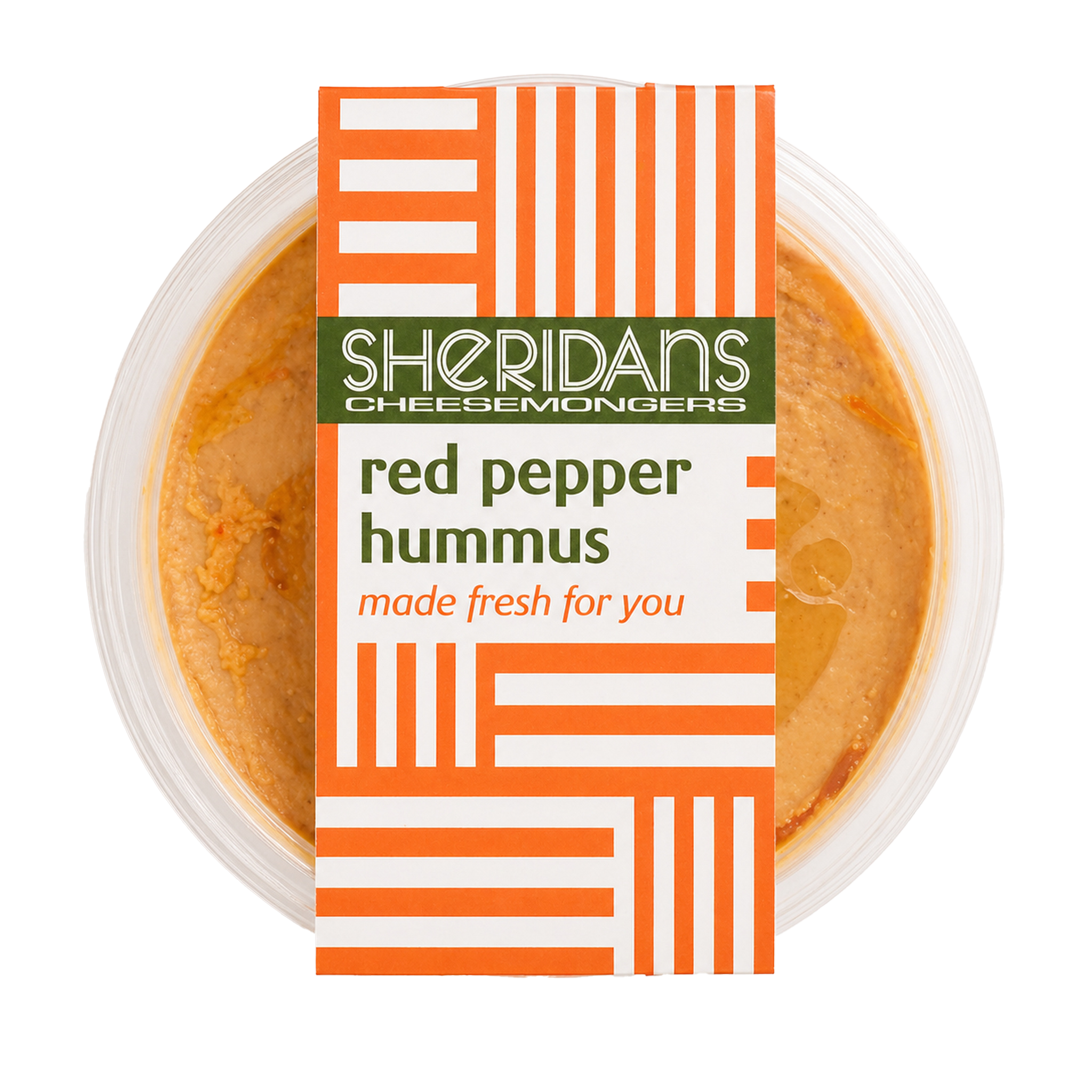 Container of red pepper hummus with Sheridan's Cheesemongers label on a white background