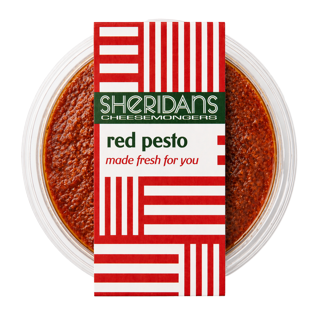 Container of red pesto with Sheridan's Cheesemongers label on a white background