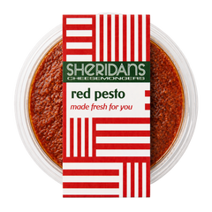 Container of red pesto with Sheridan's Cheesemongers label on a white background