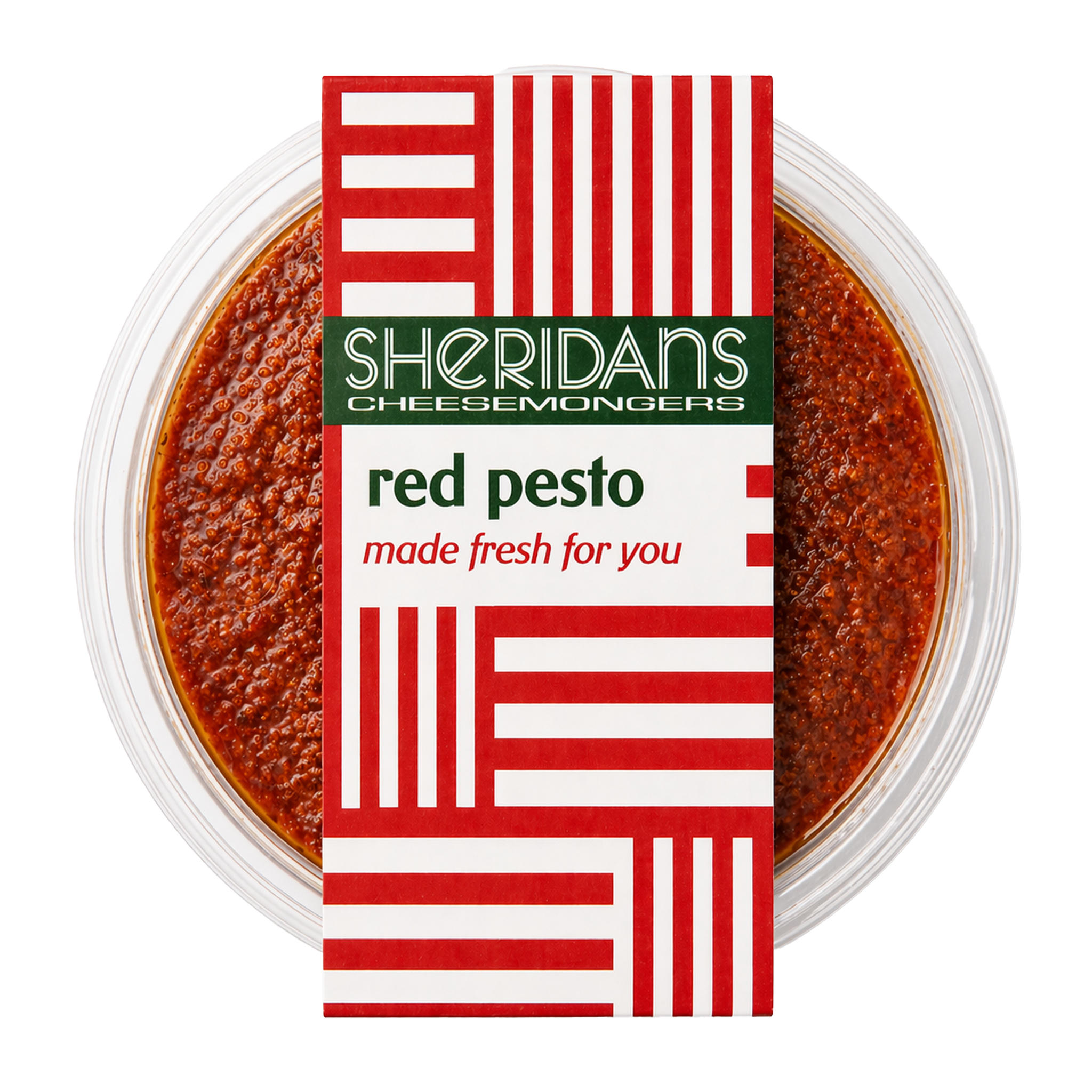 Container of red pesto with Sheridan's Cheesemongers label on a white background