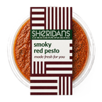 Container of smoky red pesto with Sheridan's Cheesemongers packaging on a white background