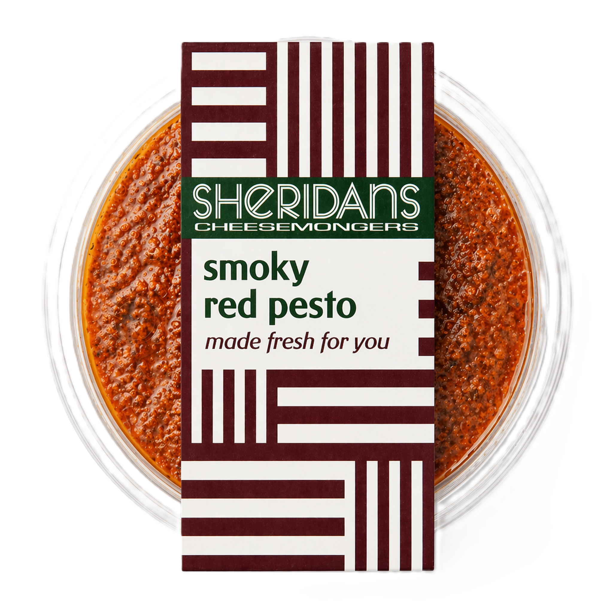 Container of smoky red pesto with Sheridan's Cheesemongers packaging on a white background