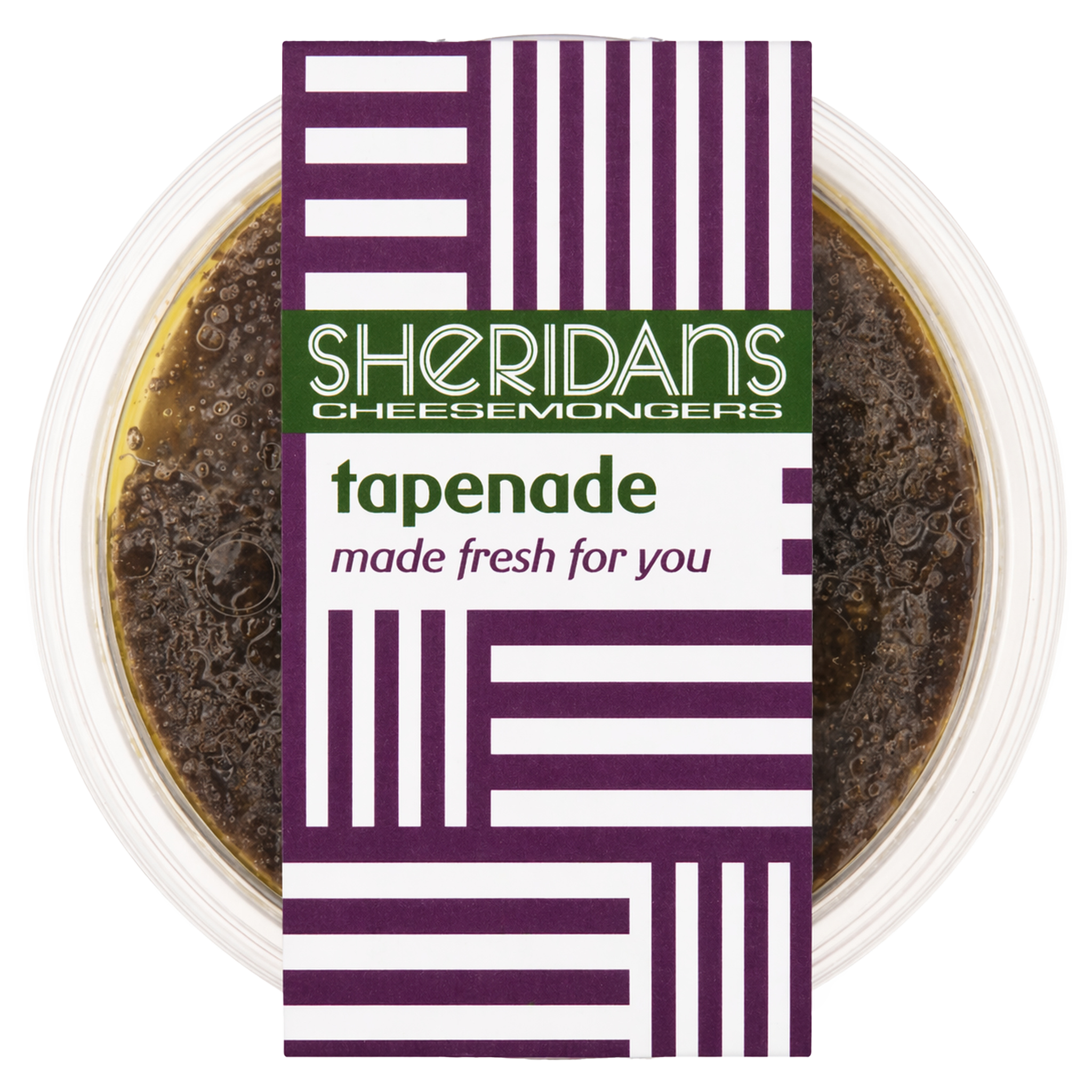 Container of tapenade with a Sheridan's Cheesemongers label on a white background