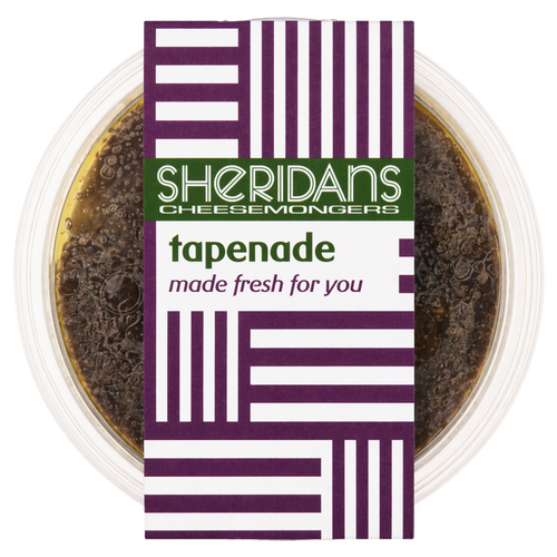 Container of tapenade with a Sheridan's Cheesemongers label on a white background