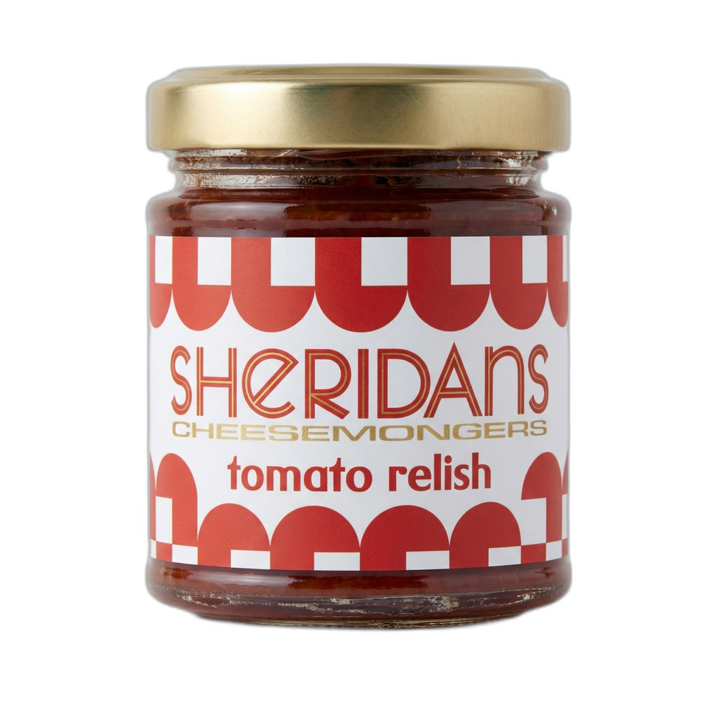Jar of Sheridan's tomato relish with a gold lid on a white background