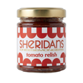 Jar of Sheridan's tomato relish with a gold lid on a white background