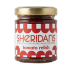Jar of Sheridan's tomato relish with a gold lid on a white background