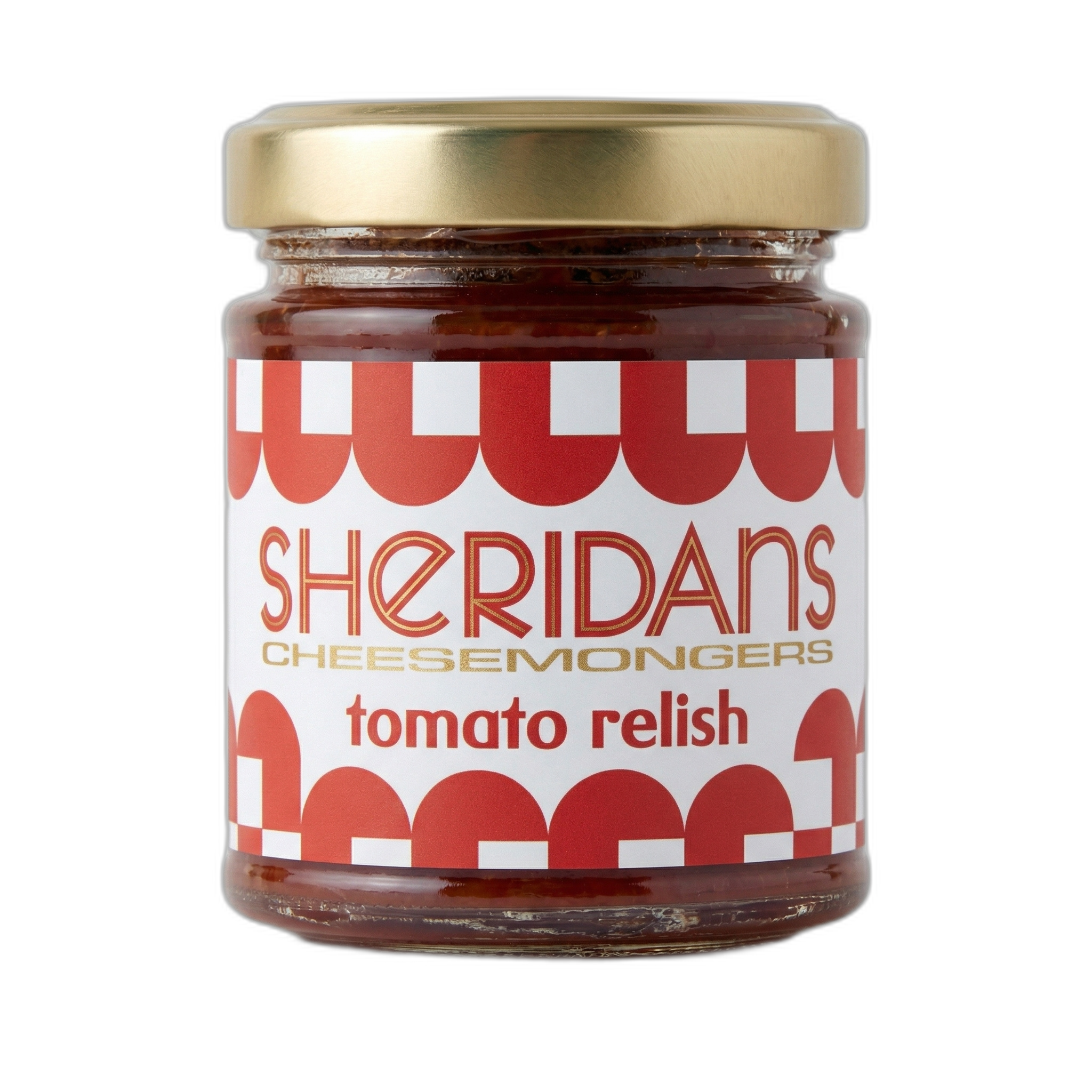 Jar of Sheridan's tomato relish with a gold lid on a white background