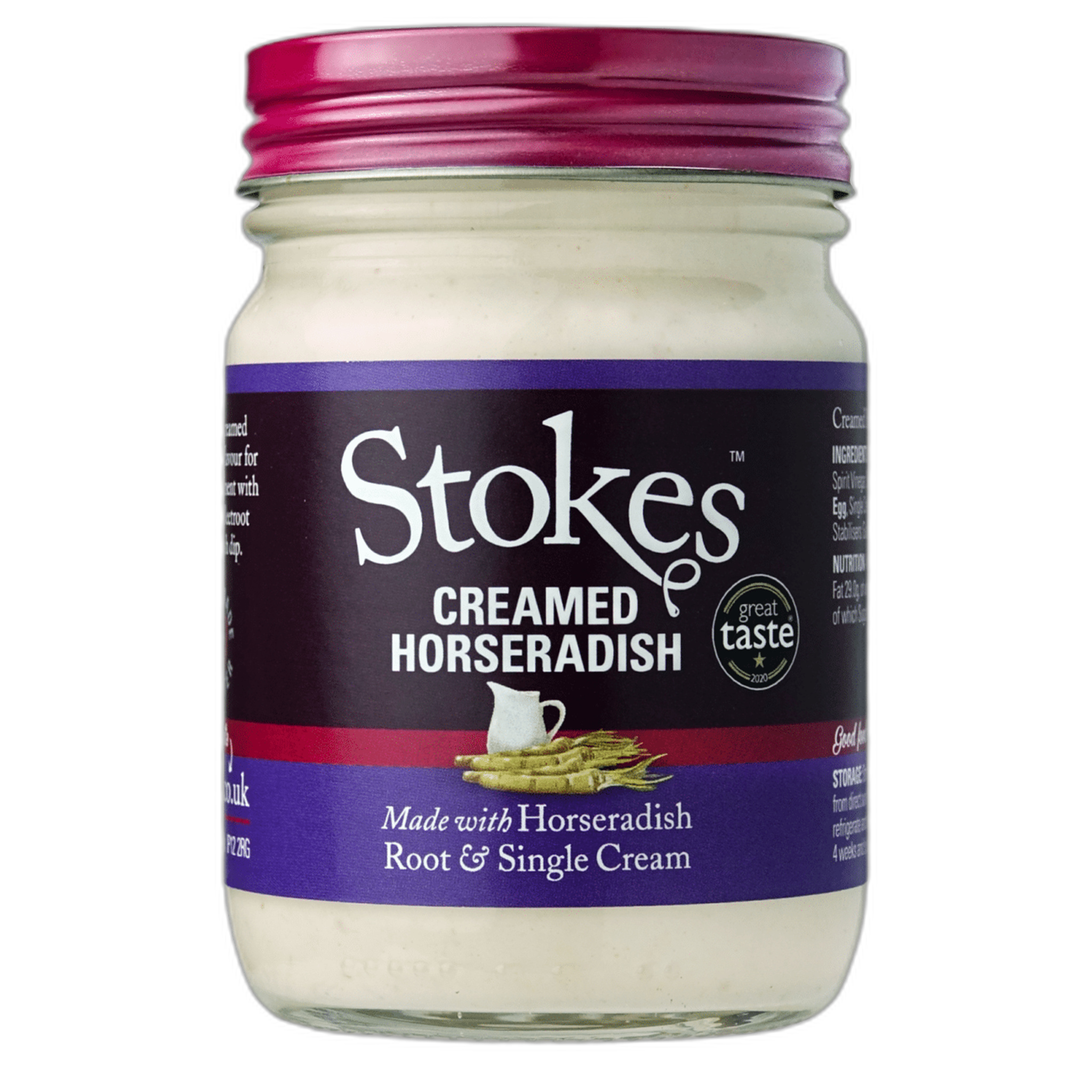 Jar of Stokes Creamed Horseradish with purple label and pink lid on white background