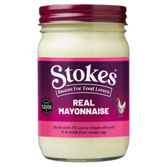 Jar of Stokes Real Mayonnaise with purple label on a white background