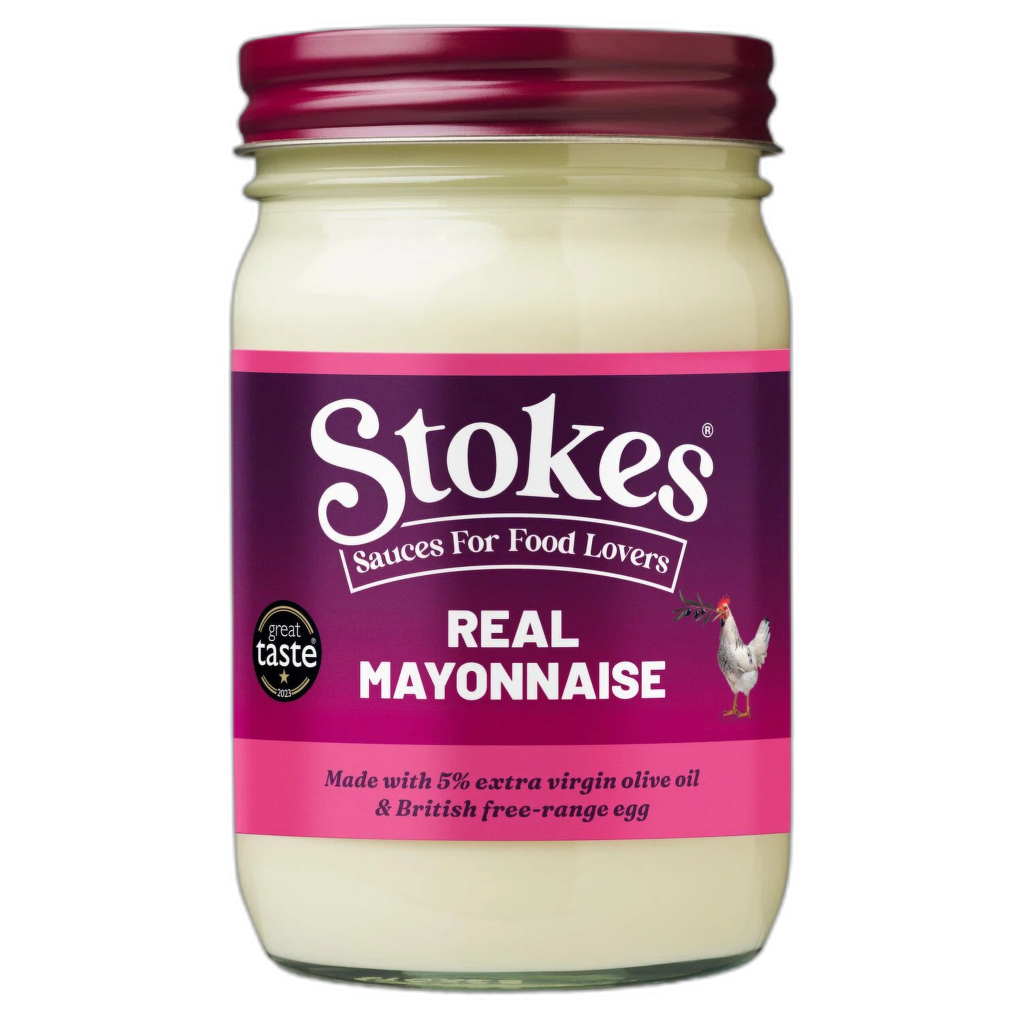 Jar of Stokes Real Mayonnaise with purple label on a white background