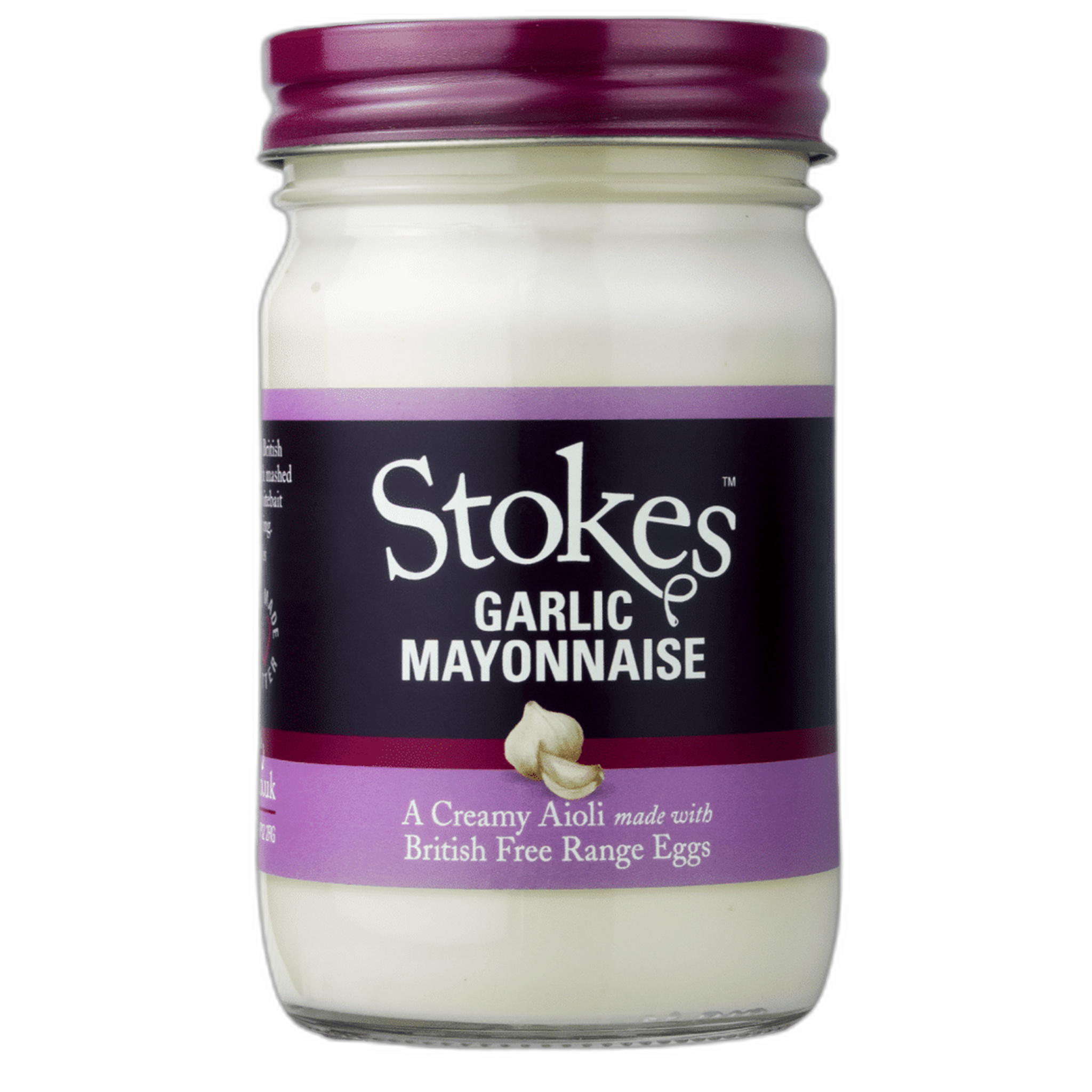 Jar of Stokes Garlic Mayonnaise on a white background