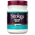 Jar of Stokes Tartare Sauce with a purple lid on a white background