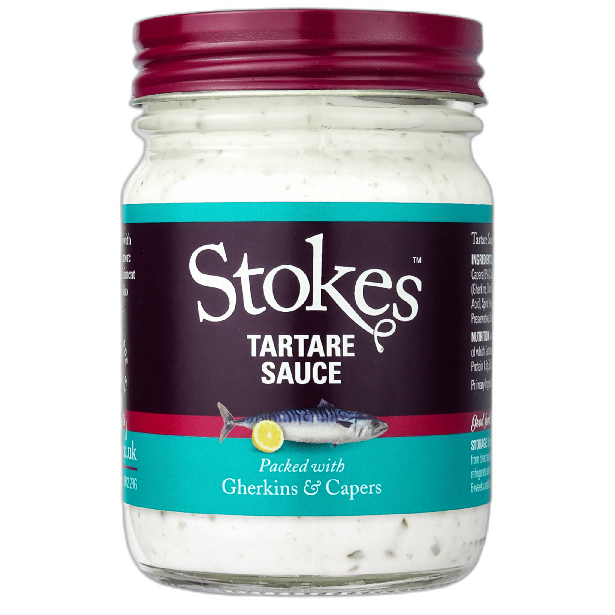 Jar of Stokes Tartare Sauce with a purple lid on a white background