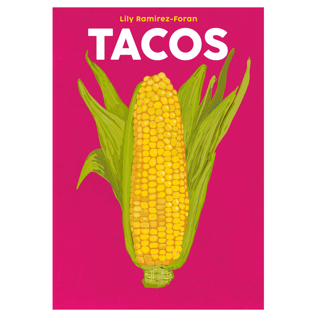 Book cover with a corn illustration on a pink background and 'TACOS' text.