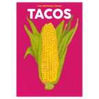 Book cover with a corn illustration on a pink background and 'TACOS' text.
