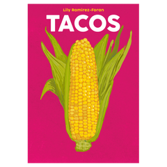 Book cover with a corn illustration on a pink background and 'TACOS' text.