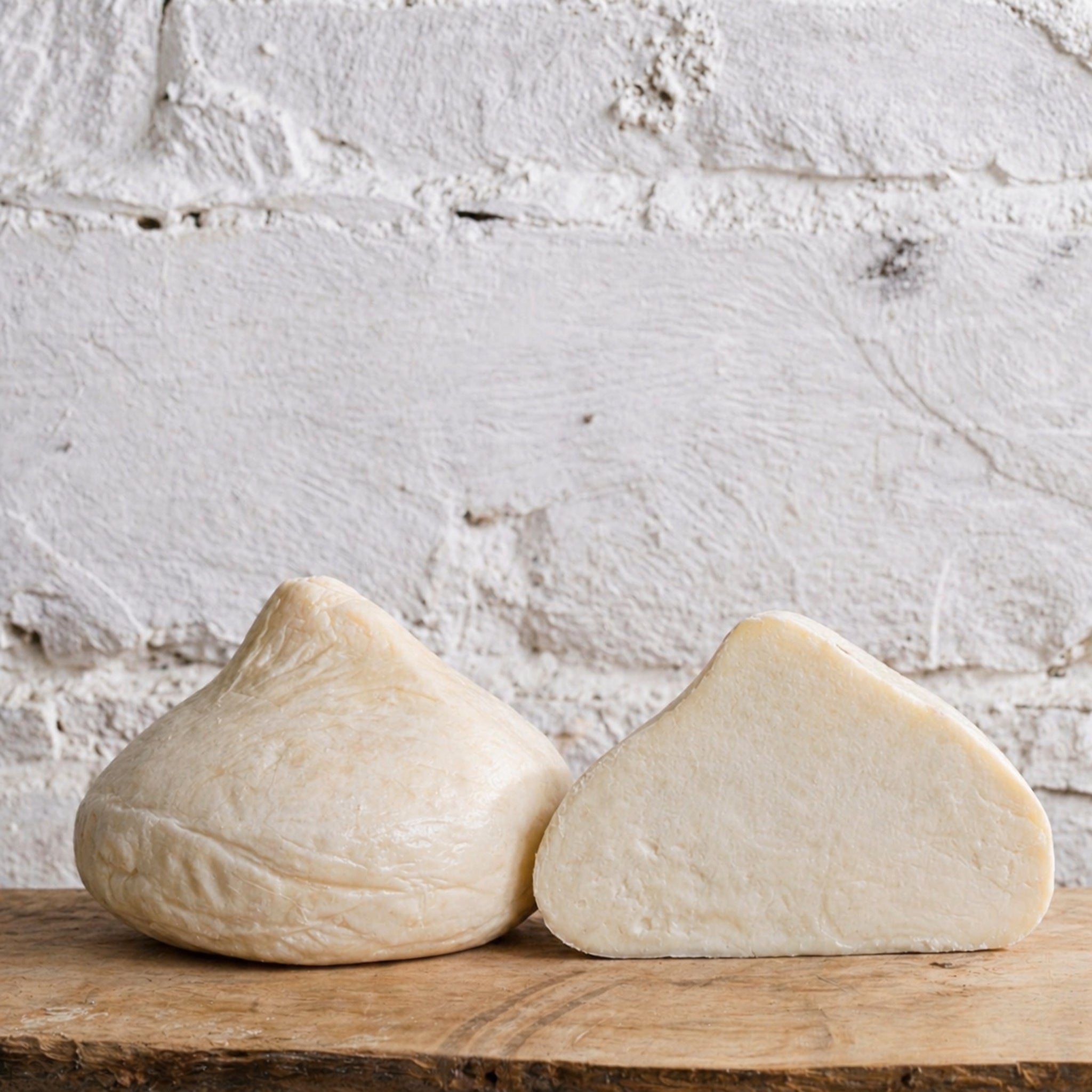 Two blocks of cheese on a wooden surface with a white brick wall background