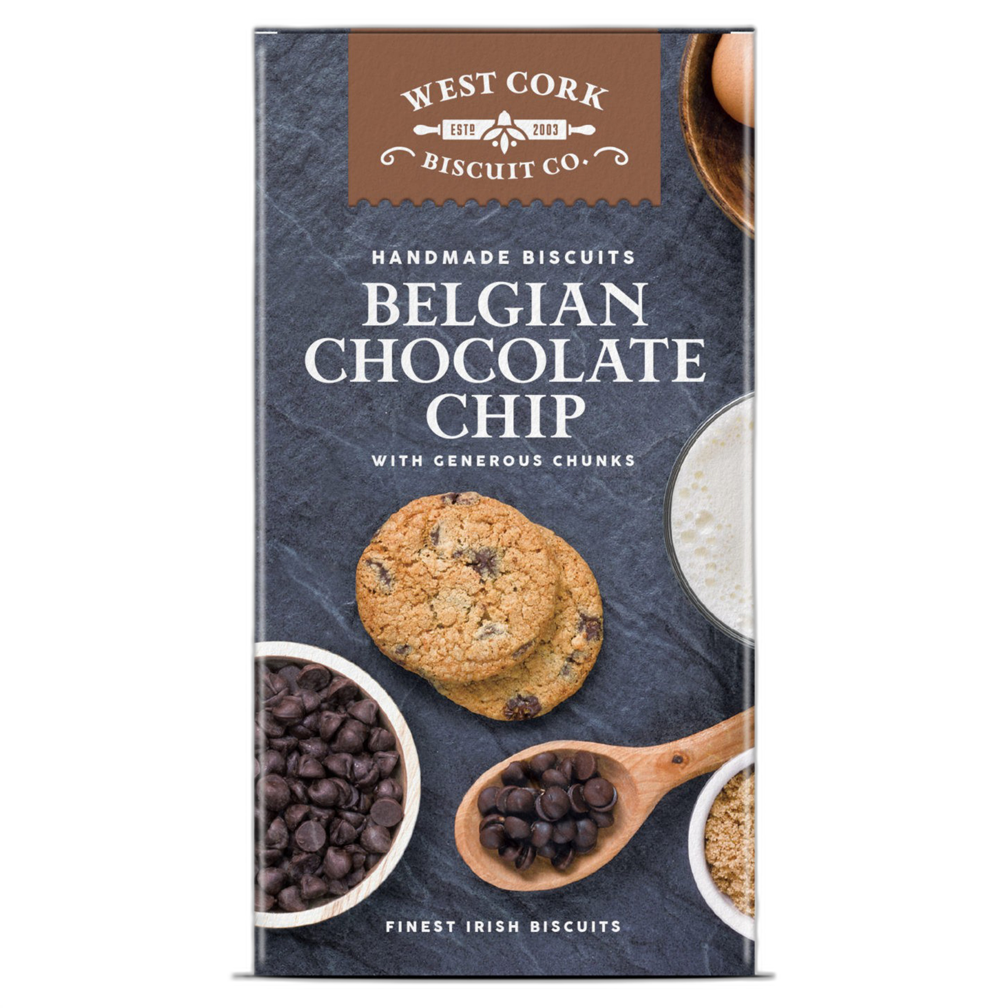 Box of West Cork Biscuit Co. Belgian Chocolate Chip biscuits on a white background