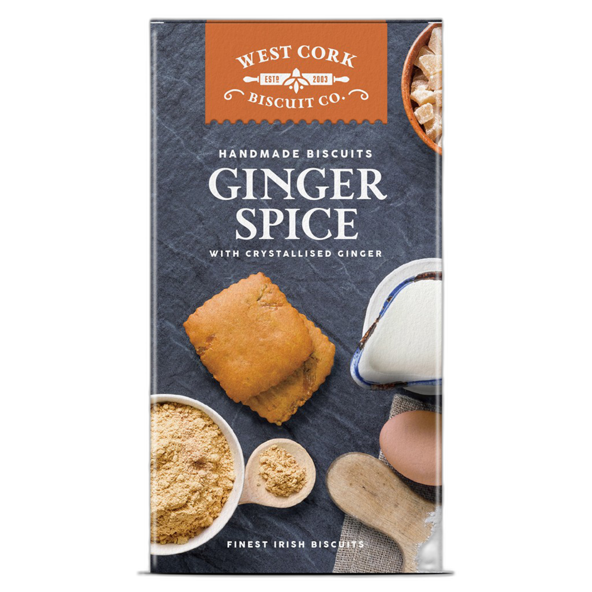 Packaging of West Cork Biscuit Co. Ginger Spice biscuits with a dark blue background.